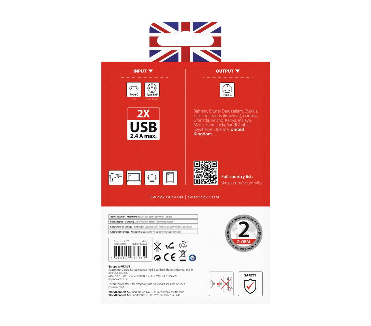 Skross Adapter - EU til UK med USB